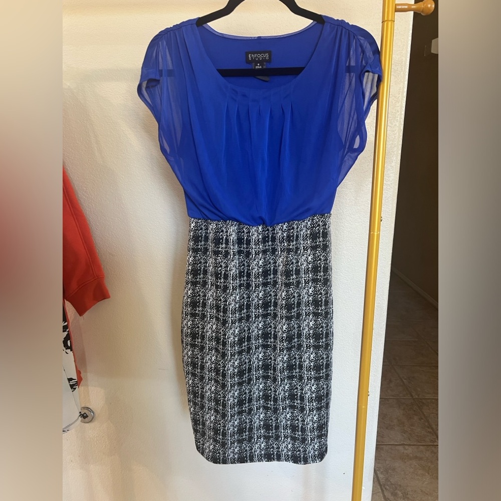 Enfocus Studio Blue and Gray Knee-Length Midi Dress Work